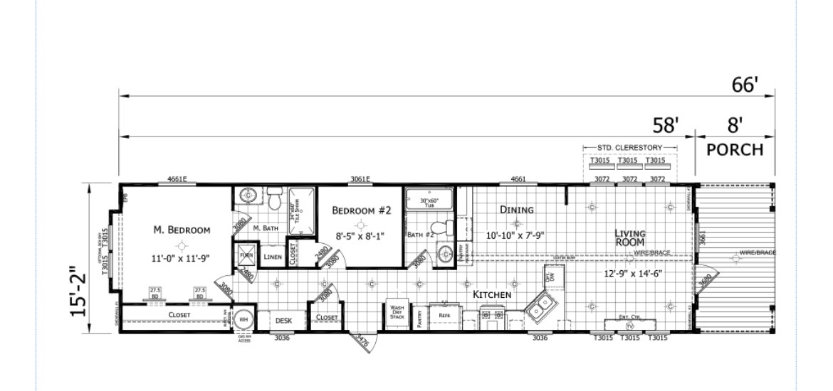 2 Bedroom floor plan – 66ft x 15ft with porch