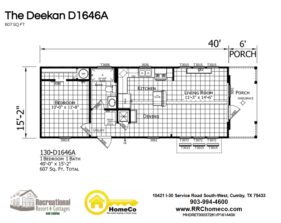 1 Bedroom floor plan – 40ft x 15ft with porch
