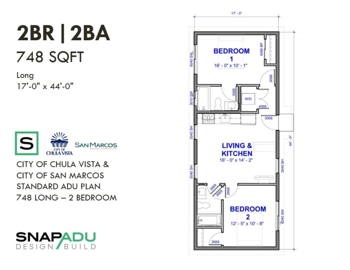 2 Bedroom 2 Bath floor plan – 17ft x 44ft
