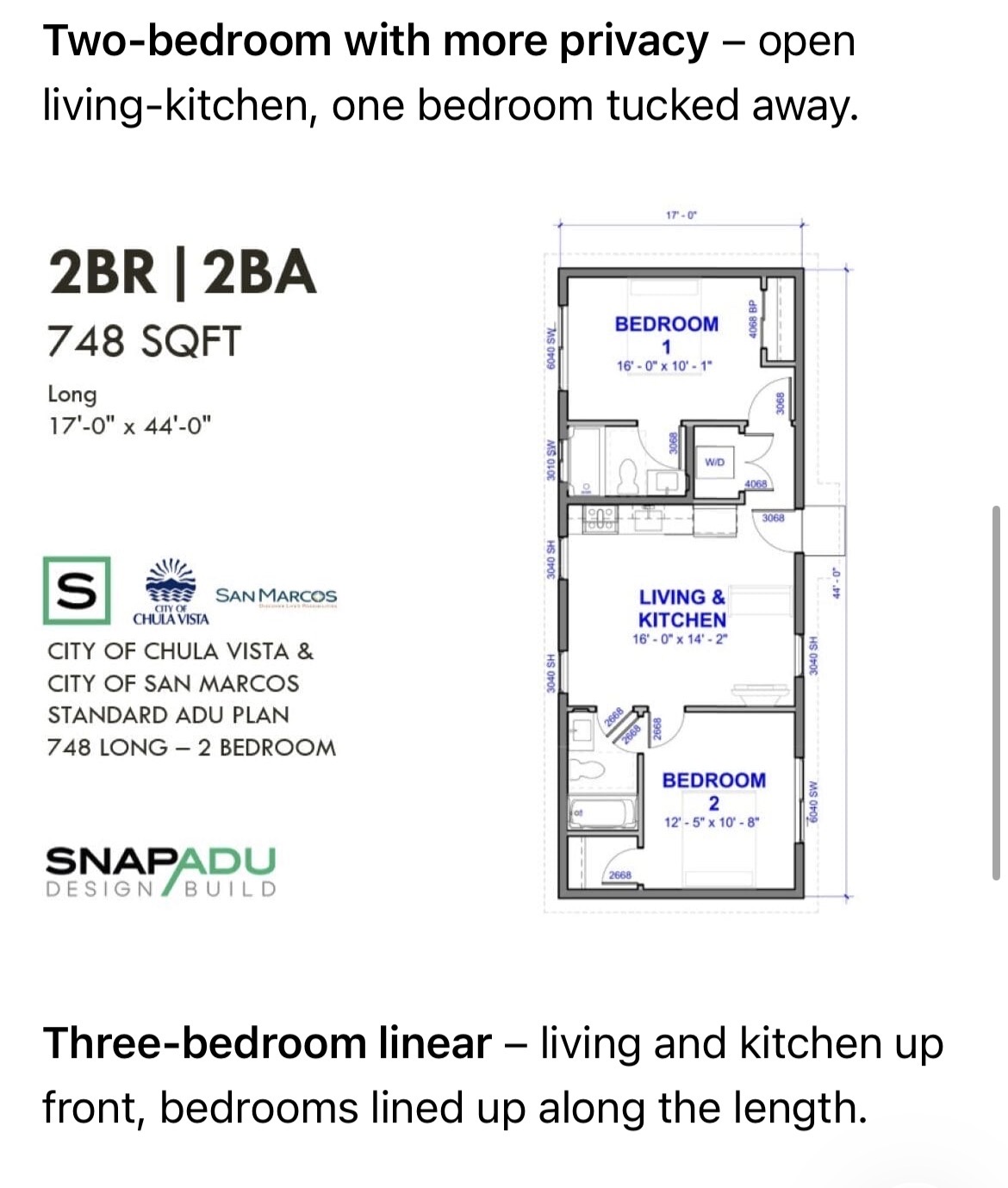 2 Bedroom privacy layout – 17ft x 44ft