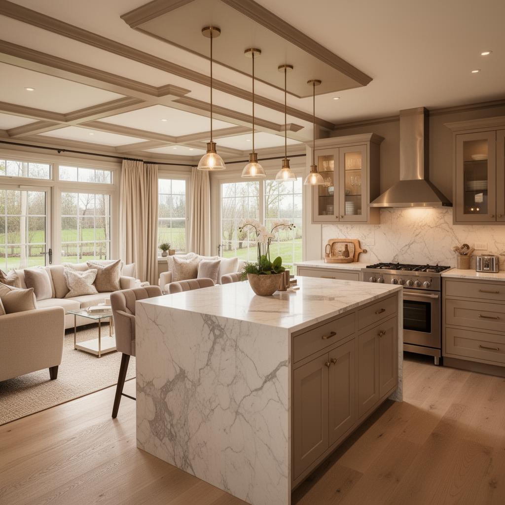 Luxury mobile home interior with marble kitchen