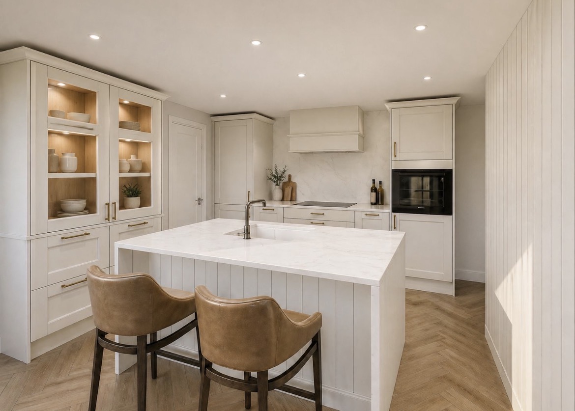 Luxury kitchen with marble island and herringbone flooring