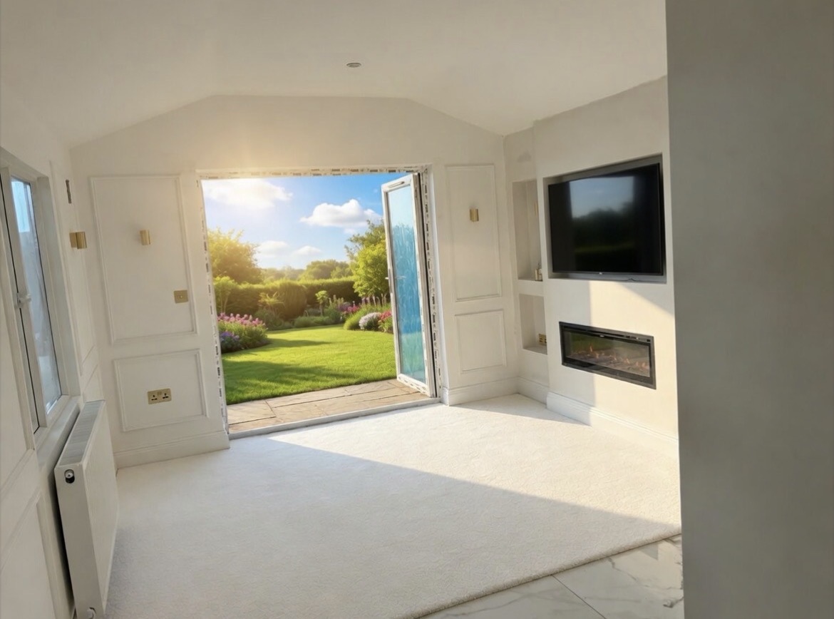 Bright living room with French doors and built-in fireplace